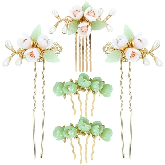 5 Pieces Vintage Retro Traditional Asian Chinese Hanfu Pearl Green Jade Flower Hair Side Combs Slides Metal Hair Pins Sticks Chopsticks Bun Updo Holders Hair Accessories for Women Girls