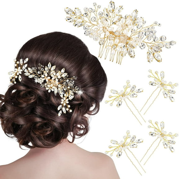 5 Pieces Wedding Hair Comb Bridal Hair Pins Crystal Pearl Hair Accessories Rhinestone Flower Hair Piece for Wedding Bride Women(Gold,Classic Style)