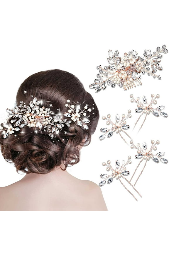 5 Pieces Wedding Hair Comb Bridal Hair Pins Crystal Pearl Hair Accessories Rhinestone Flower Hair Piece for Wedding Bride Women(Gold,Classic Style)