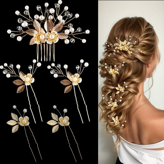 5 Pieces Wedding Hair Comb Bridal Hair Pins Crystal Pearl Hair Accessories Rhinestone Flower Hair Piece for Wedding Bride Women