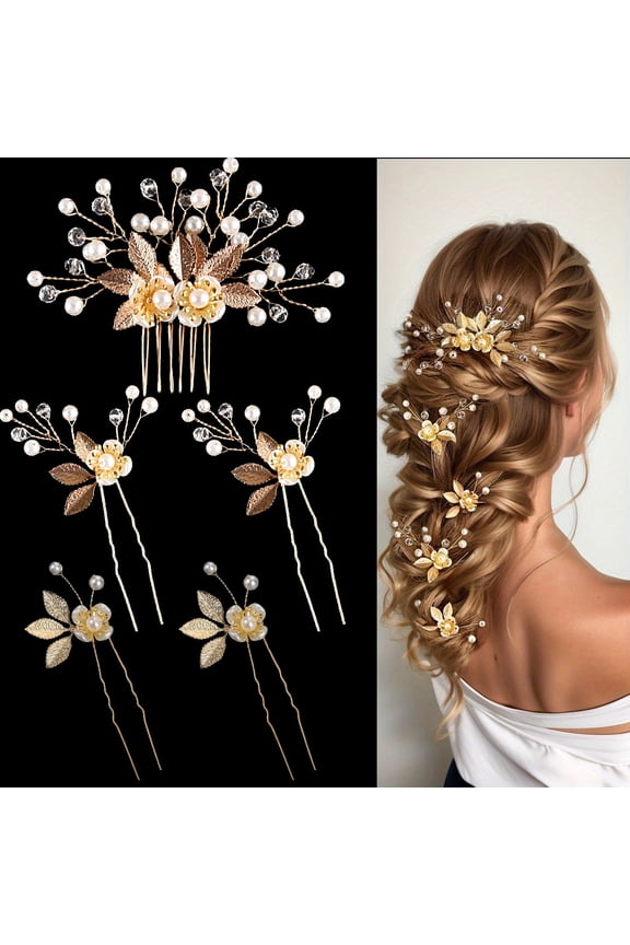 5 Pieces Wedding Hair Comb Bridal Hair Pins Crystal Pearl Hair Accessories Rhinestone Flower Hair Piece for Wedding Bride Women