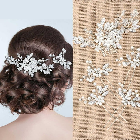 5 Pieces Wedding Hair Comb Bridal Pins Crystal Pearl Wedding Hair Accessories Rhinestone Flower Piece for Bride Bridesmaids Women Silver