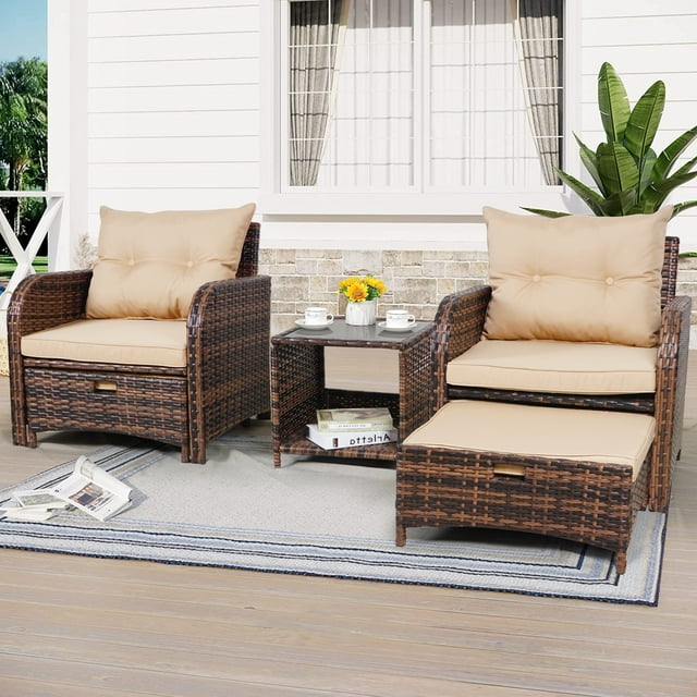 5Pieces Modern Deck PE Rattan Wicker Outdoor Patio Set with Ottoman