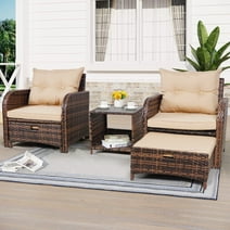 5 Pieces Wicker Outdoor Patio Chairs Set with Ottoman Underneath, Outdoor Chair Set with Ottoman and Table, PE Rattan Patio Conversation Furniture Set with Footrest, Beige
