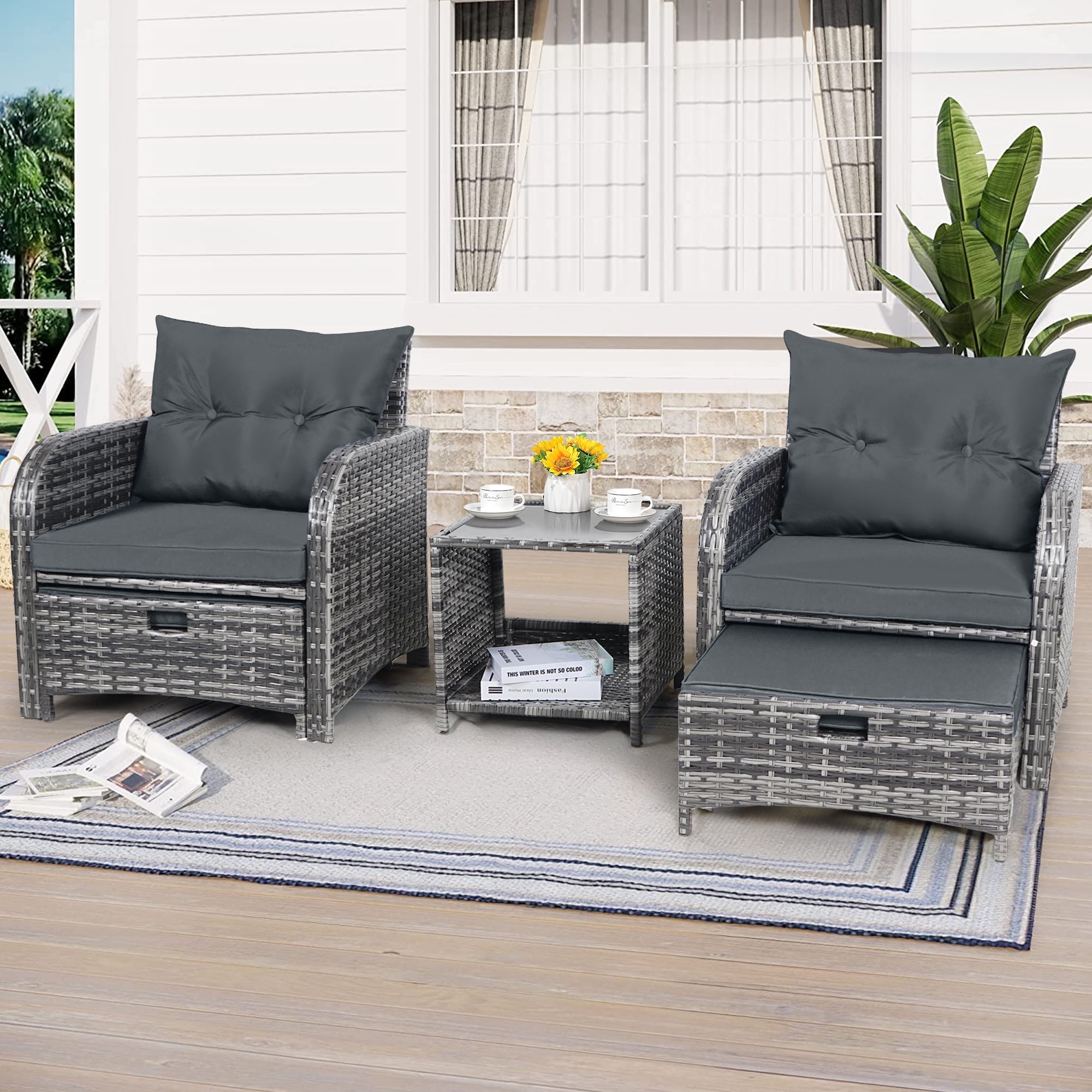 5 Pieces Wicker Outdoor Patio Chairs Set with Ottoman, Patio Conversation Furniture Set with Coffee Table Balcony Furniture Set with Ottoman, Grey