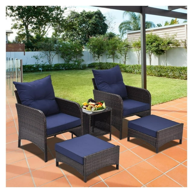 5 Pieces Wicker Patio Furniture with Ottoman, PE Rattan Outdoor Table