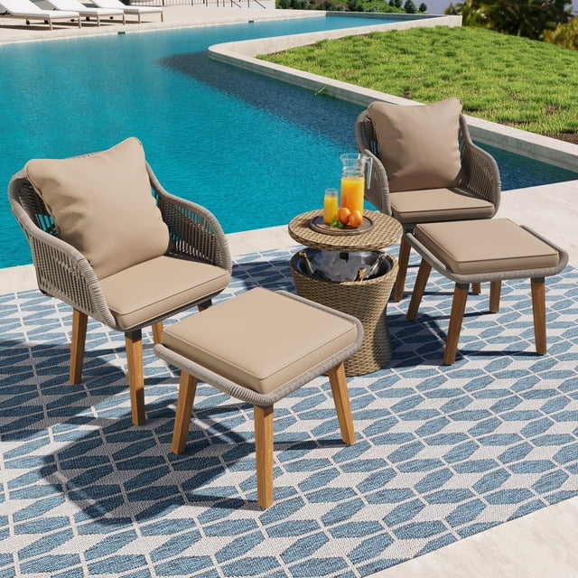 5 Pieces Wicker Patio Furniture Set, Rattan Patio Chair Set with Ottoman and Coffee Table, Outdoor Furniture Set with Blue Seat Cushion for Garden, Backyard, Porch, Balcony, Poolside, GE032