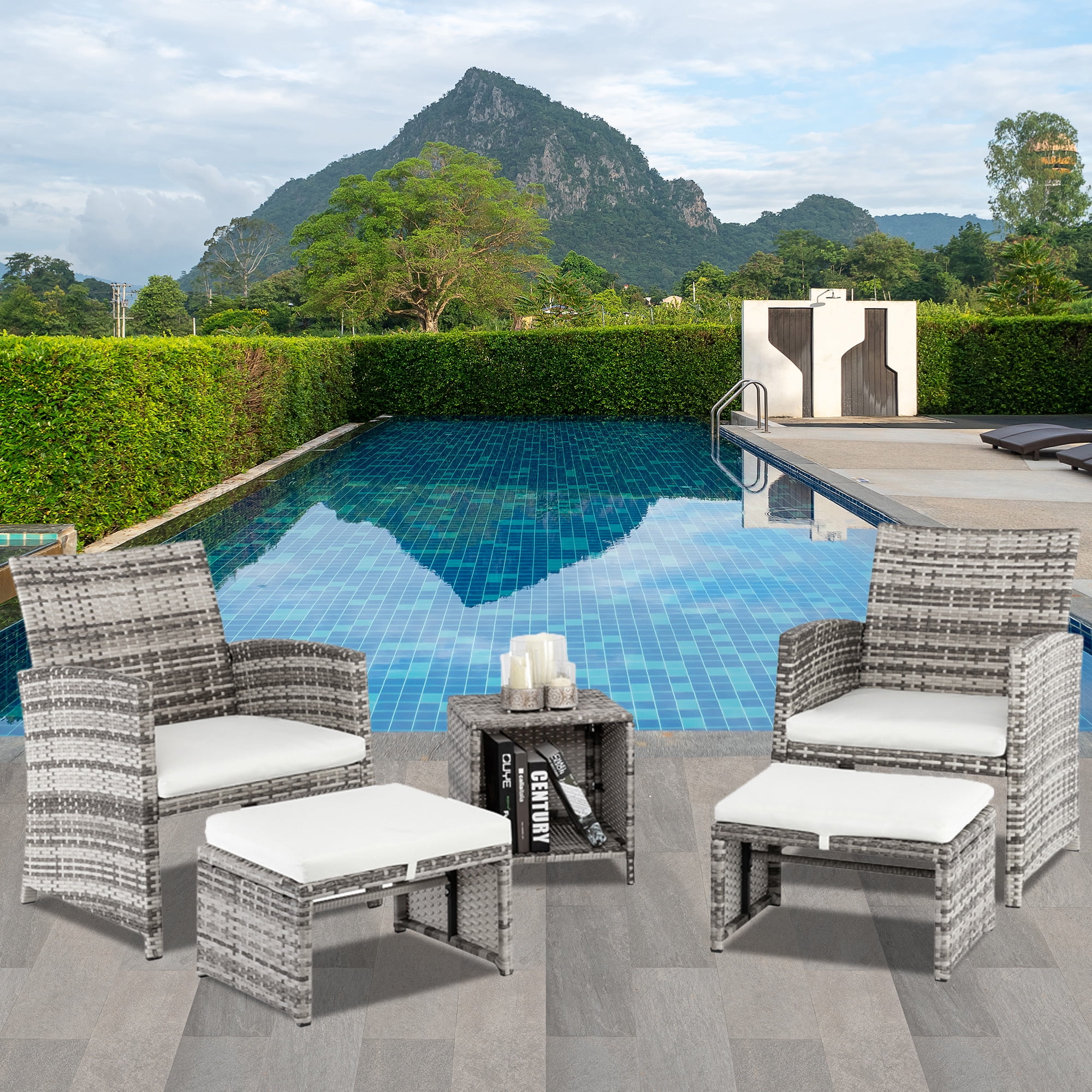 5 Pieces Wicker Patio Furniture Set, Rattan Patio Chair Set with Ottoman and Coffee Table, Outdoor Furniture Set for Garden, Backyard, Porch, Balcony, Poolside, GE029