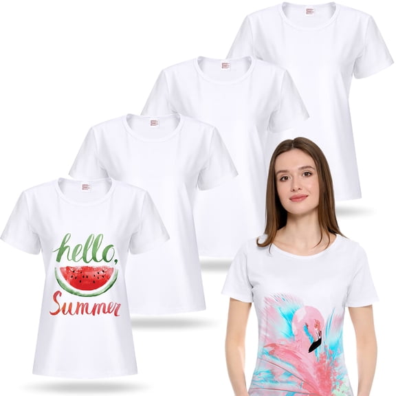 5 Pieces Women Sublimation Blank T-Shirt Basic White Polyester Shirts Sublimation Short Sleeve T-Shirt for Women (Large)