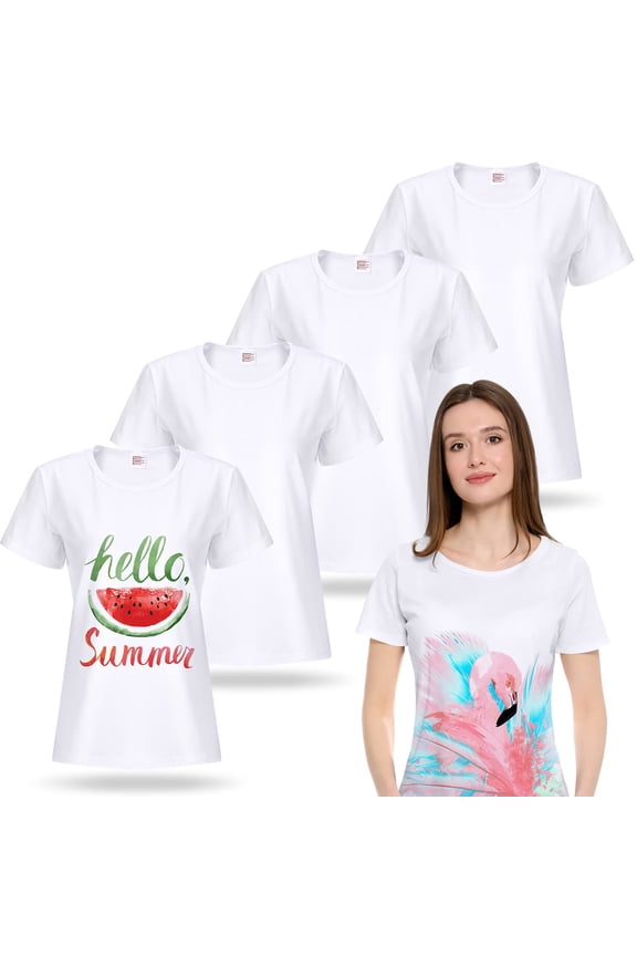 5 Pieces Women Sublimation Blank T-Shirt Basic White Polyester Shirts Sublimation Short Sleeve T-Shirt for Women (Large)
