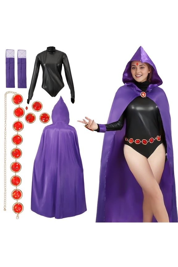 5 Pieces Women's Raven Cosplay Costume, Deluxe Adult Titans Outfit with Gem Waist Belt for Halloween Party(180CM)