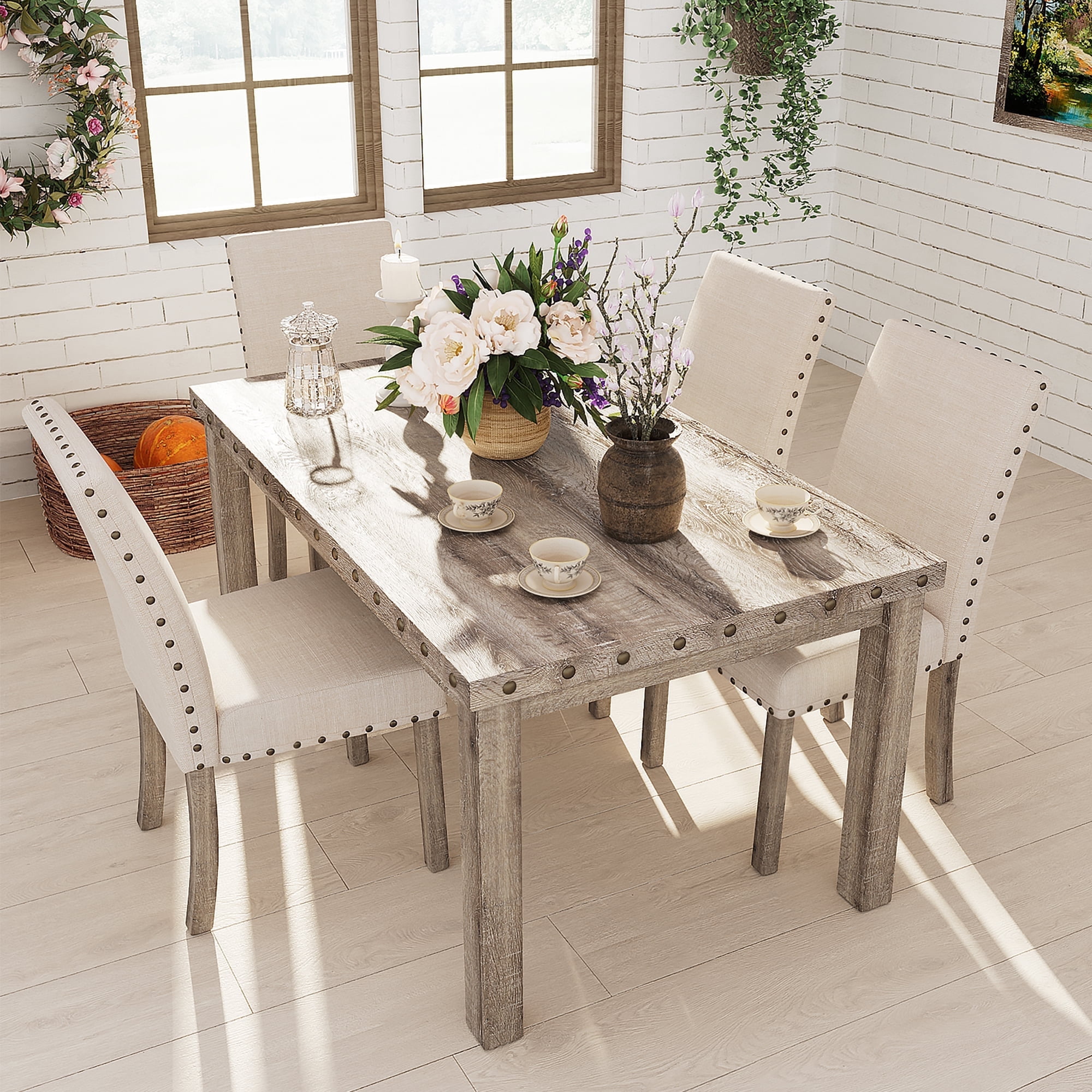 5 Pieces Wooden Dining Table Set Rustic Rectangle Table and Upholstered ...