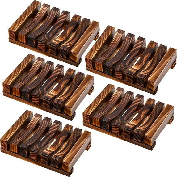 5 Pieces Wooden Soap Dish Holder Home Bathroom Hand Craft Wood Case Holder Draining for Soap Sponge Scrubber (Charcoal)