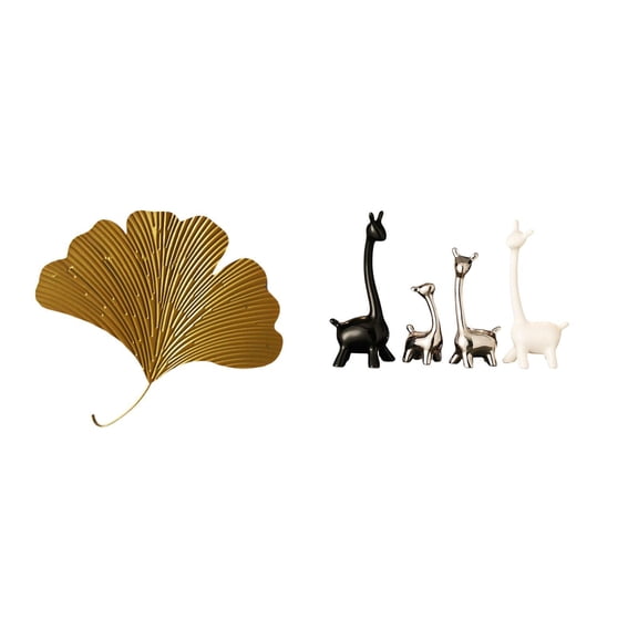5 Pieces Wrought Iron Ginkgo Leaves Wall Sculpture Ceramic Giraffe Statue Modern Design for Living Room Office