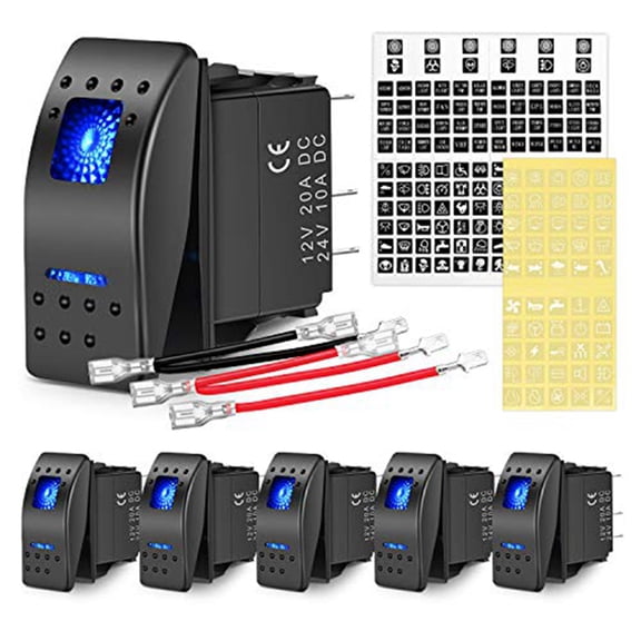 5-Pin SPST Rocker Switch, 20A/12V 10A/24V Toggle Switch, Yacht Switch 5P for Trucks, Boats, Cars and Motorcycles,6 PCS