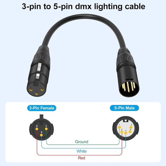 5 Pin to 3 Pin DMX Lighting Cable 2 Pack, 5Pin Male to 3Pin Female XLR/DMX Adapter Cable - 12 inch