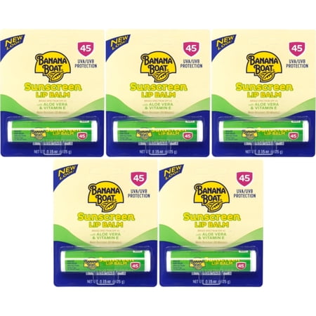 5 Pk Banana Boat Aloe Vera with Vitamin E Sunscreen Lip Balm, SPF 45 - .15oz Ea