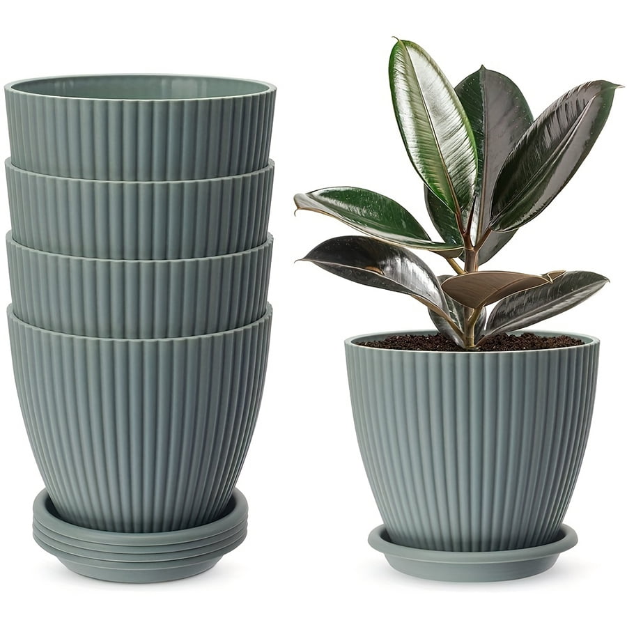 5 Plant Pots, 6 inch Plastic Planters with Saucers Modern Decorative ...