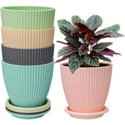 5 Plant Pots, 6 inch Plastic Planters with Saucers Modern Decorative Gardening Containers for Succulents Flowers Herbs Cactus Outdoor Decor, Colorful