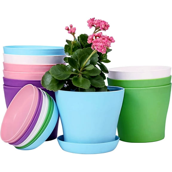 5" Plastic Planters Indoor Flower Plant Pots, Medium Flower Seedlings Nursery Pot Set of 8 /Planter/Flower Pot with Pallet, Modern Decorative Gardening Containers (Multi Color)