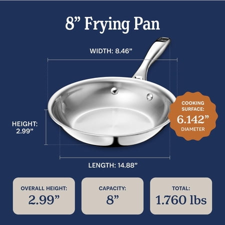 5-Ply Stainless Steel 8-Inch Frying Pan - Induction Compatible, Oven Safe 800 ° F