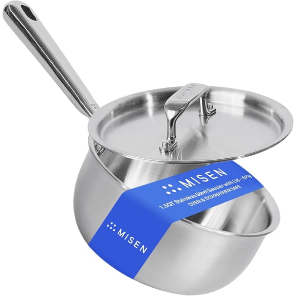 5-Ply Stainless Steel Saucier with Lid Induction-Compatible Pan with Curved Sides for Smooth Stirring - Oven Safe to 800F Even Heat Distribution & Ergonomic Handle - 1.5 QT