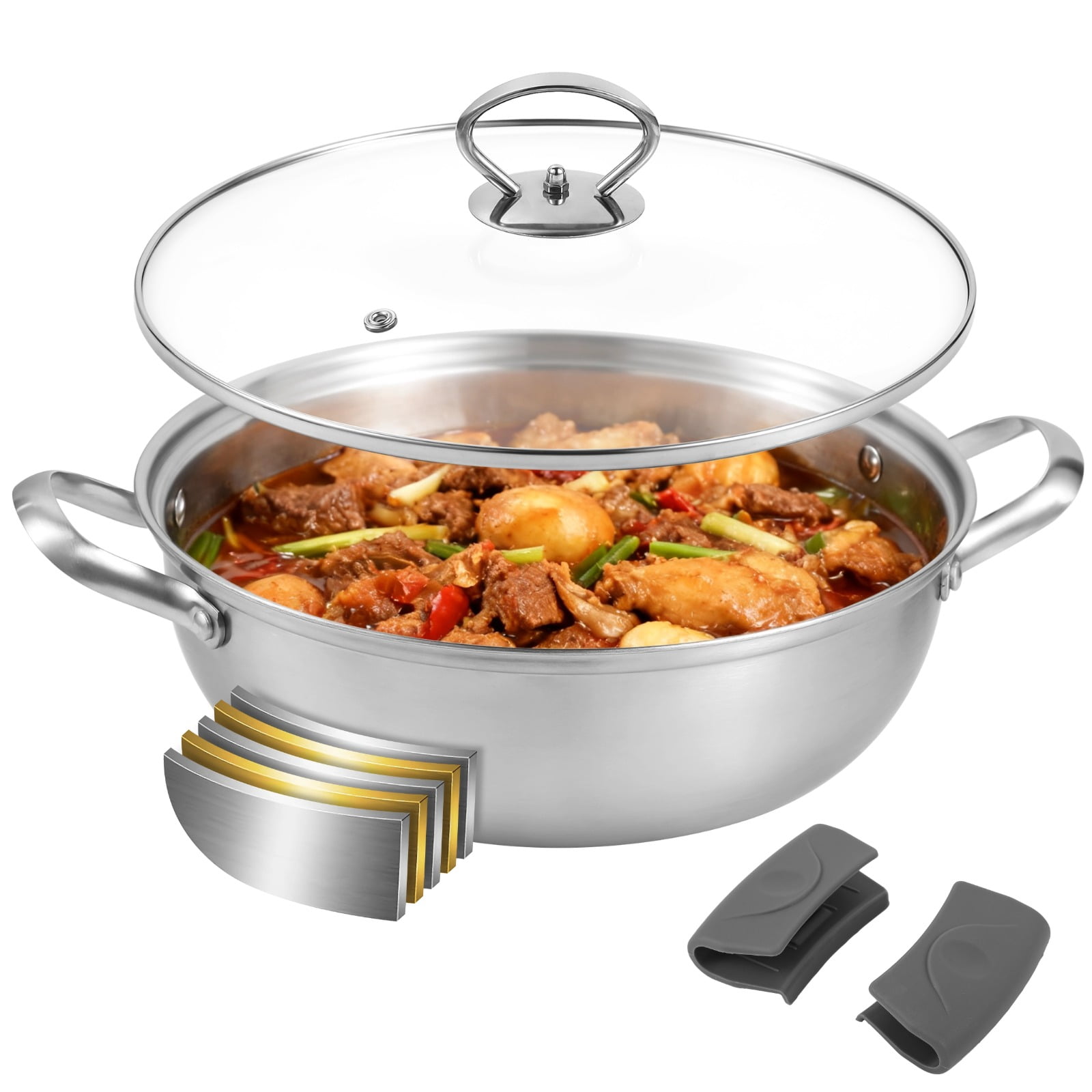 5-Ply Stainless Steel Saute Pan, Stock Pot with Clear Glass Lid, Uncoated Cooking Pot with Scald-proof Silicone Handle Cover, Deep Frying Pan for Induction, Oven, Gas, Dishwasher Safe
