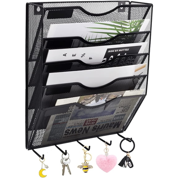 5 Pocket Mesh Hanging File Organizer with Key Holder Hooks & Nametag Label, Wall Mounted Mail Paper Document Folder Storage Organization Magazine Rack for Office Cubicle, 5 Tier Black