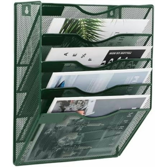 5 Pocket Mesh Hanging File Organizer, Wall Mounted Mail Paper Document Folder Holder, Clipboard Storage Organization Magazine Rack with Nametag Label for Office Home School, Dark Green