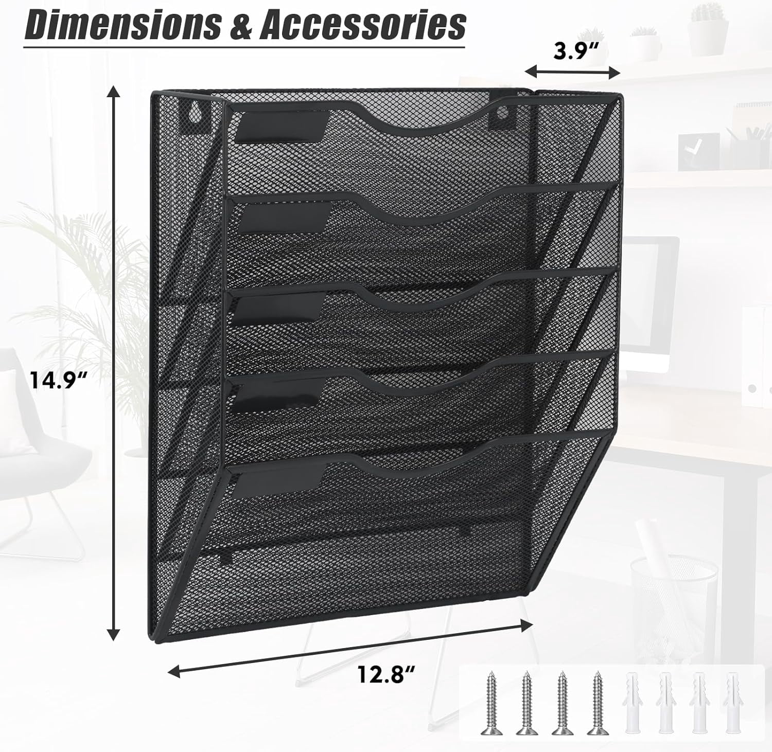 5 Pocket Mesh Hanging Wall File Organizer, Black