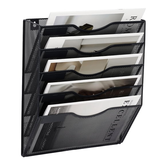 5 Pocket Mesh Hanging Wall File Organizer, Wall Mounted Mail Paper Document Folder Holder, Clipboard Storage Organization Magazine Rack with Nametag Label for Office Home ,