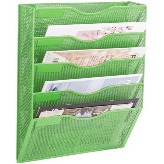 5 Pocket Mesh Hanging Wall File Organizer, Wall Mounted Mail Paper Document Folder Holder, Clipboard Storage Organization Magazine Rack with Nametag Label for Office Home School, Green