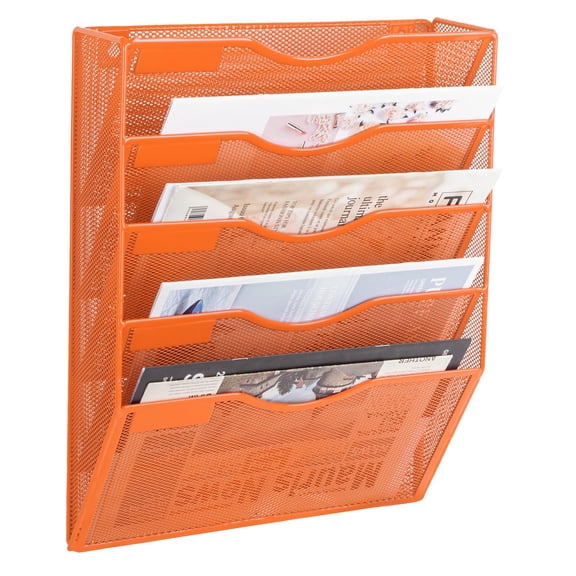 5 Pocket Mesh Hanging Wall File Organizer, Wall Mounted Mail Paper Document Folder Holder, Clipboard Storage Organization Magazine Rack with Nametag Label for Office Home ,