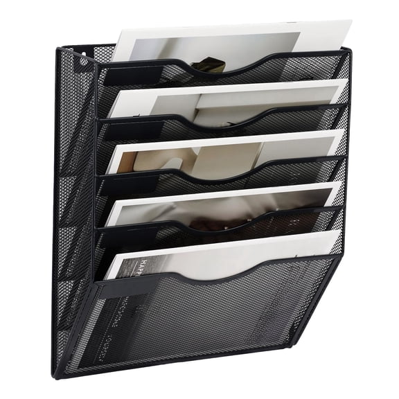 5-Pocket Mesh Wall Hanging File Organizer – Mounted Mail & Document Holder, Paper Storage with Label Tags for Office, Home, School (Black)