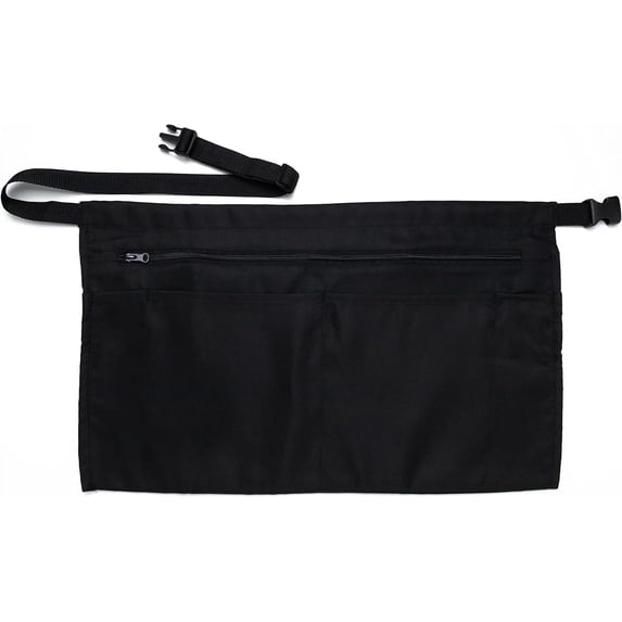 5 Pockets Black Waist Apron (22x13 inches). Clip-on Server Apron with Zipper pocket. Restaurant Half Aprons Waitress, Waiter, Server, Bartender, Barista, Money Apron, Check Holder, Organizer