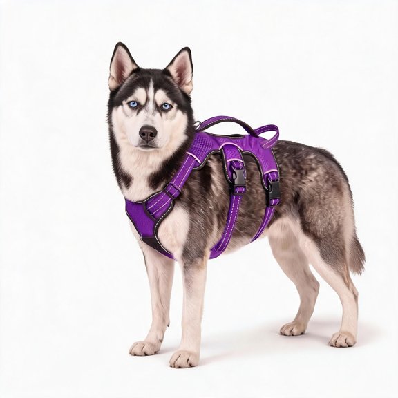 5 Point Adjustable Escape Proof Dog Harness with Front and Rear D-Rings Padded Lift Handle Large Size 27-32 Inch Chest Purple