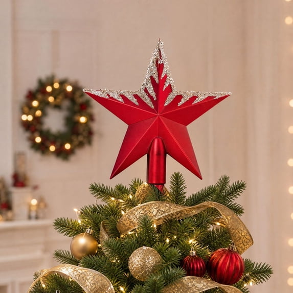 5 Pointed Christmas Tree Topper Star, Red Painted Top Ornament for Xmas Tree, Mantel and Holiday Party, Shatter Resistant, Easy Installation