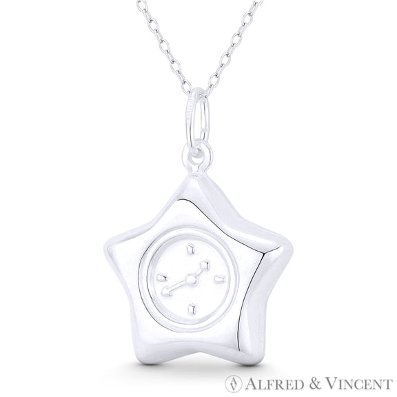 5-Pointed Star & Watch Face Celestial Charm 31x21mm (1.2x0.8in) Pendant & Chain Necklace in .925 Sterling Silver