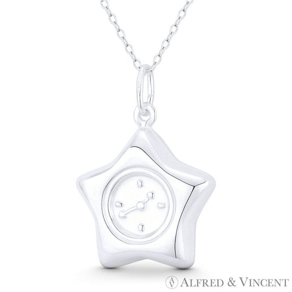 5-Pointed Star & Watch Face Celestial Charm 31x21mm (1.2x0.8in) Pendant & Chain Necklace in .925 Sterling Silver