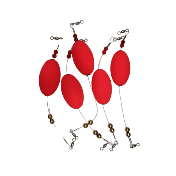 5 Popping Float Rigs, Fire Red, 2-1/2" Oval, Monofilament Leaders, 10" Length