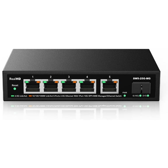5 Port 2.5GB Web Managed Ethernet Network Switch | 5 x 2.5 Gigabit | 1 x 10Gb SFP+ | Multigig Switch 10-100-1000Mbps | 45G Bandwidth | Fanless Metal Internet Switch | NOT Support VPN