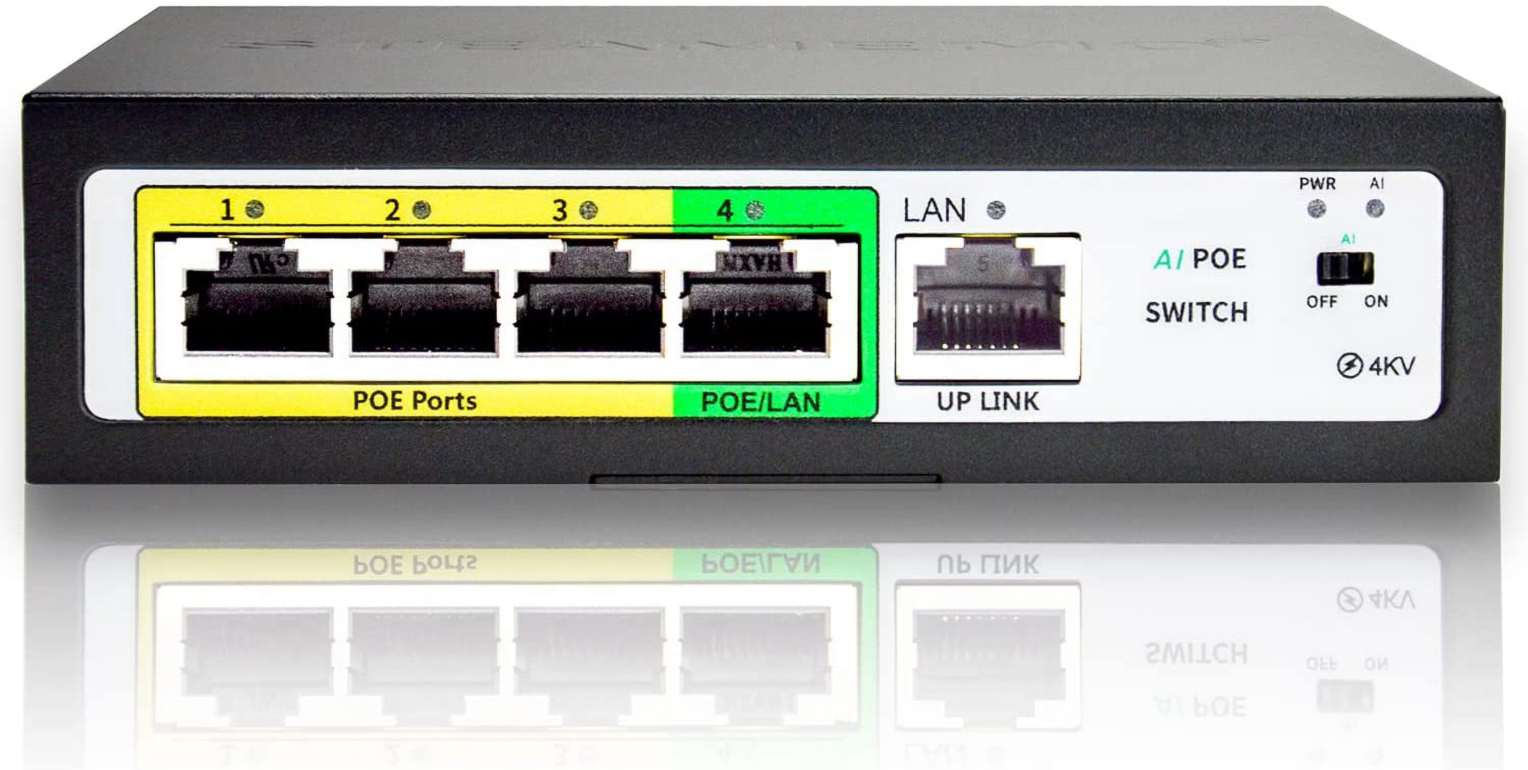 5 Port AI PoE Switch (4 POE Ports +1 Uplink), 802.3af/at PoE 100Mbps, 52W Built-in Power, Extend to 250Meter, Unmanaged Metal Plug and Play
