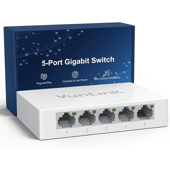 5 Port Gigabit Ethernet Switch Unmanaged Network Switch Hub, Desktop Ethernet Splitter, Fanless & Energy Efficient, High-Speed Connection for Home, Office, NAS, Gaming