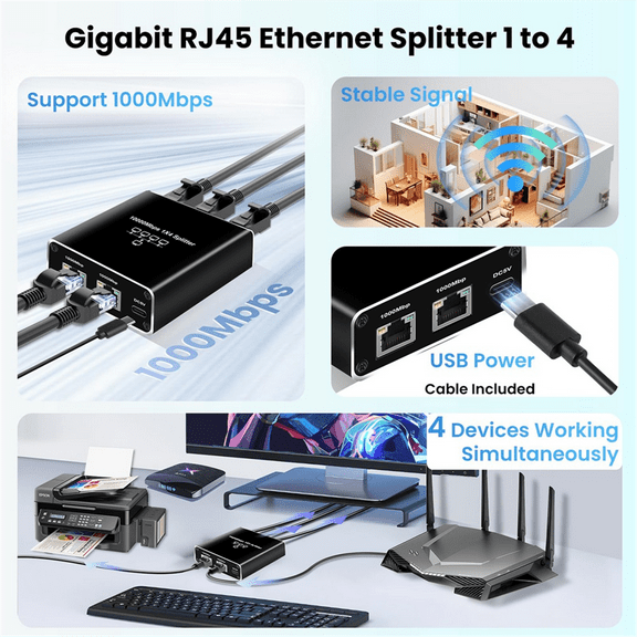 5 Port Gigabit Ethernet Switch with USB Power Cable, 1000Mbps Splitter 1 to 4 Out , for Cat 5/5E/6/7/8