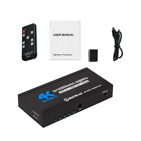 5-Port HDMI 2.0 Switcher 4K@60Hz, HDCP2.2, Infrared Remote Control for TV, Projector, and Gaming Console