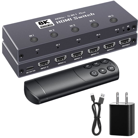 8K HDMI Switch 5 in 1 Out, Support 8K@60Hz 4K@120Hz 1080P @240Hz, HDR10, VRR, HDCP 2.3, Dolby Atmos, DTS X, CEC, Compatible with PS5/4, Xbox, Nintendo Switch, Roku, Apple TV, Fire Stick