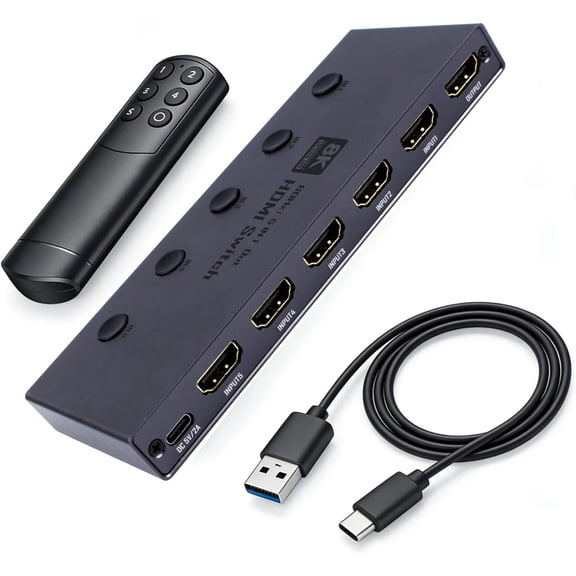 5-Port HDMI 8K Switch with Remote, Plug & Play 5 in 1 Out Auto-Switching, Support 8K@60Hz 4K@120Hz HDR10+ HDCP 2.3 48Gbps HDMI 2.1 Splitter Hub Compatible with PS5, Xbox X, Apple TV
