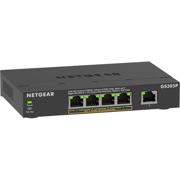 5-Port PoE Gigabit Ethernet Unmanaged Essentials Switch (GS305P) - with 4 x PoE+ @ 63W, Desktop or Wall Mount