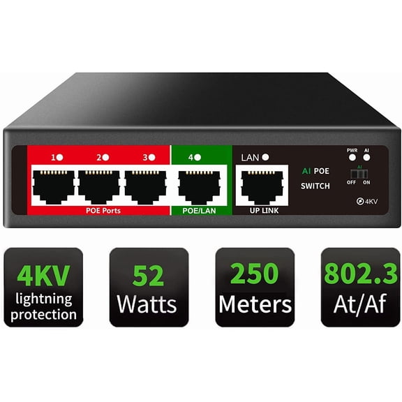 5 Port PoE+ Switch | Easy Smart Mana d Ethernet Switch | Support VLAN, QoS | 52W Total PoE Bud t | Fanless Metal | Plug & Play (Desktop/Wall Mount)