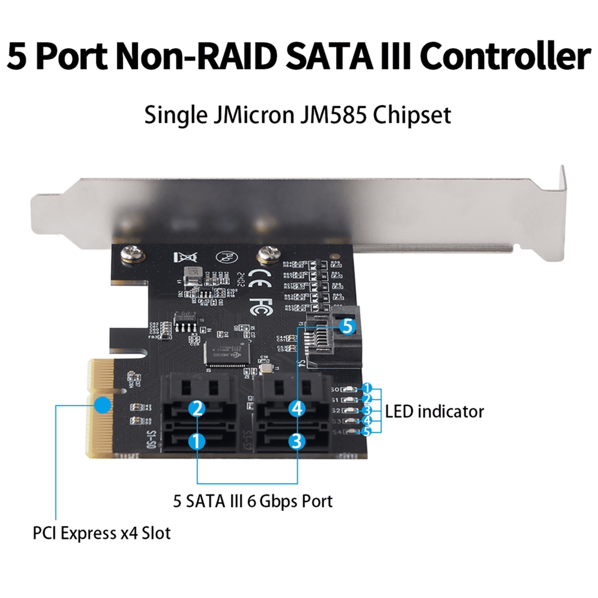 5 Port SATA III PCIE X4 to SATA 3.0 PCI Express Converter Computer Hard ...